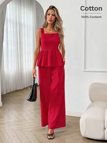 Easowa Bộ 2 món đồ nữ thường ngày, rộng rãi, thanh lịch, thích hợp đi làm hoặc đi nghỉ mát: Áo cổ vuông, tay bồng xếp ly và quần ống rộng cạp chun, màu đỏ, thích hợp mùa xuân/hè. - Đỏ - Xem 6