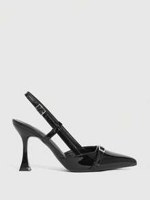 CUCCOO SZL Zapatos de mujer con hebilla y decoración de hebilla ajustable, tacón de copa de vino de 9 cm, tacones altos elegantes de tacón de aguja, material de PU espejo, tacones altos negros de tacón de gatito, versátiles y de moda, adecuados para uso diario/fiesta/Navidad/profesional - Negro grafito - Ver 5