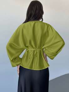 Firerie Áo kiểu nữ thanh lịch, lãng mạn, thường ngày, màu nâu cà phê, cổ tròn, tay cánh dơi, dài tay, thắt eo, dáng chữ X, phù hợp cho giáo viên và mùa thu. - Màu xanh Ô liu - Xem 2