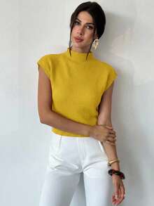 Firerie Áo len không tay cổ cao dáng rộng thanh lịch, đa năng, thích hợp mặc đi chơi hoặc đi học vào mùa thu/đông. - Màu vàng - Xem 5