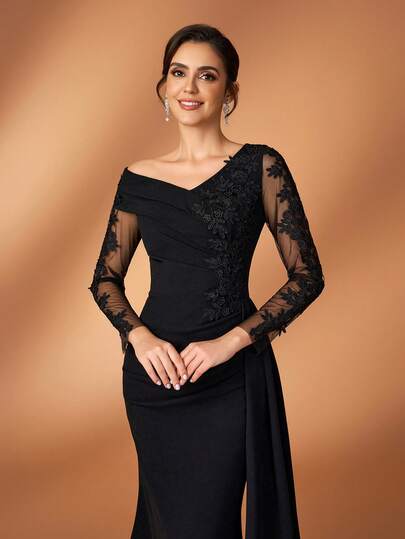 Serin Falda de sirena elástica con bordado de perlas y strass, parches de encaje, mangas transparentes, adecuada para boda, fiesta, vacaciones, novia, madre de la novia, vestido de noche elegante y lujoso