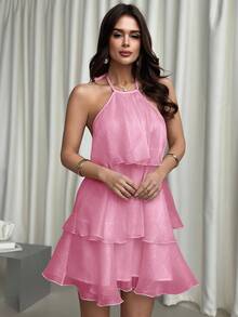 Firerie 优雅浪漫的露背层叠下摆白色欧根纱吊带泡泡袖连衣裙，适合情人节穿着 - 淺粉色 - 查看 3