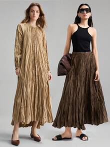 Ontre 2026春夏新款女士长裙，春夏服装，返校季，情人节装扮，女教师制服，晚宴礼服，商务休闲系腰褶长裙，情人节装扮，节日派对礼服，时尚百搭优雅女士长款正式礼服 - 咖啡棕 - 查看 8