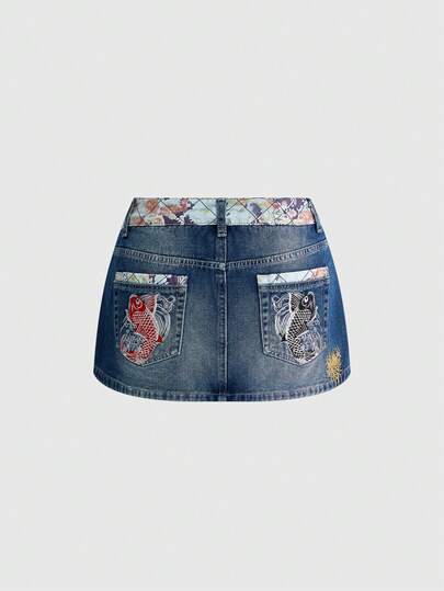 ROMWE Grunge Punk Y2K Retro Millennium Babe Pocket Ukiyo-E Print Embroidered Women Bodycon Mini Skirt (With Leggings)