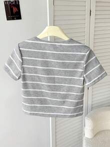 SHEIN Tween Girl Casual Mixed Striped Knit Crew Neck Short Sleeve Top,Kids - Light Grey - View 2