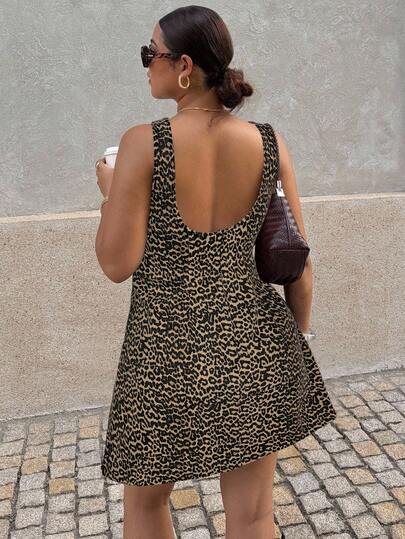 Dripcurv Plus Size Leopard Print Backless Sleeveless Casual Denim Dress, Fashionable For Summer