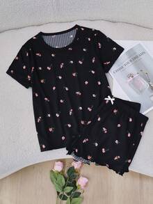 SHEIN Women's Floral Print Casual Pajama Set - Black - View 4
