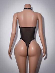 AltCore 1pc Women's Sexy Jumpsuit With Classic, Mysterious, Fashionable, Mature, Punk, Low-Key Luxury Design, PU Patchwork & Net Fabric Lace-Up Halter Neck - Black - View 8