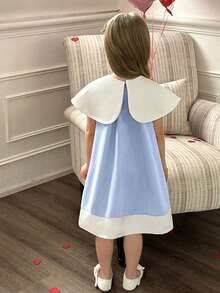 Elladie kids 女童白色领蝴蝶结设计宽松A字连衣裙 - 藍色 - 查看 2