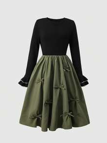 Tween Girl Colorblock Round Neck Flare Sleeve Bow Decor Cute Dress - Black - View 3