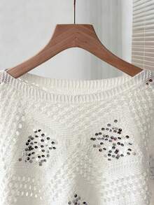 Chiquease 女士春夏休闲优雅日常派对菱形图案百搭纯色船领修身镂空亮片长袖插肩针织套头衫，女士白色上衣，女士派对，女士度假，女士闪亮上衣，亮片，镂空，女士度假钩针编织镂空上衣 - 白色 - 查看 4