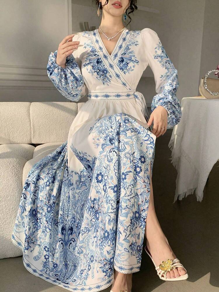 Women's Elegant Floral Print V-Neck Puff Sleeve Tie Waist Mid-Length Dress, Spring/Summer Wedding Guest Dress Sundress Boho