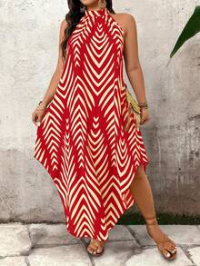 EMERY ROSE Plus Size Women Vacation Striped Casual Fashion Halter Dress - Red - View 7