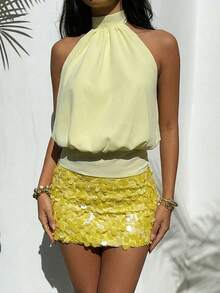 Aloruh Women's Yellow Chiffon Halter Tie Back Blouse, Spring/Summer - Yellow - View 6