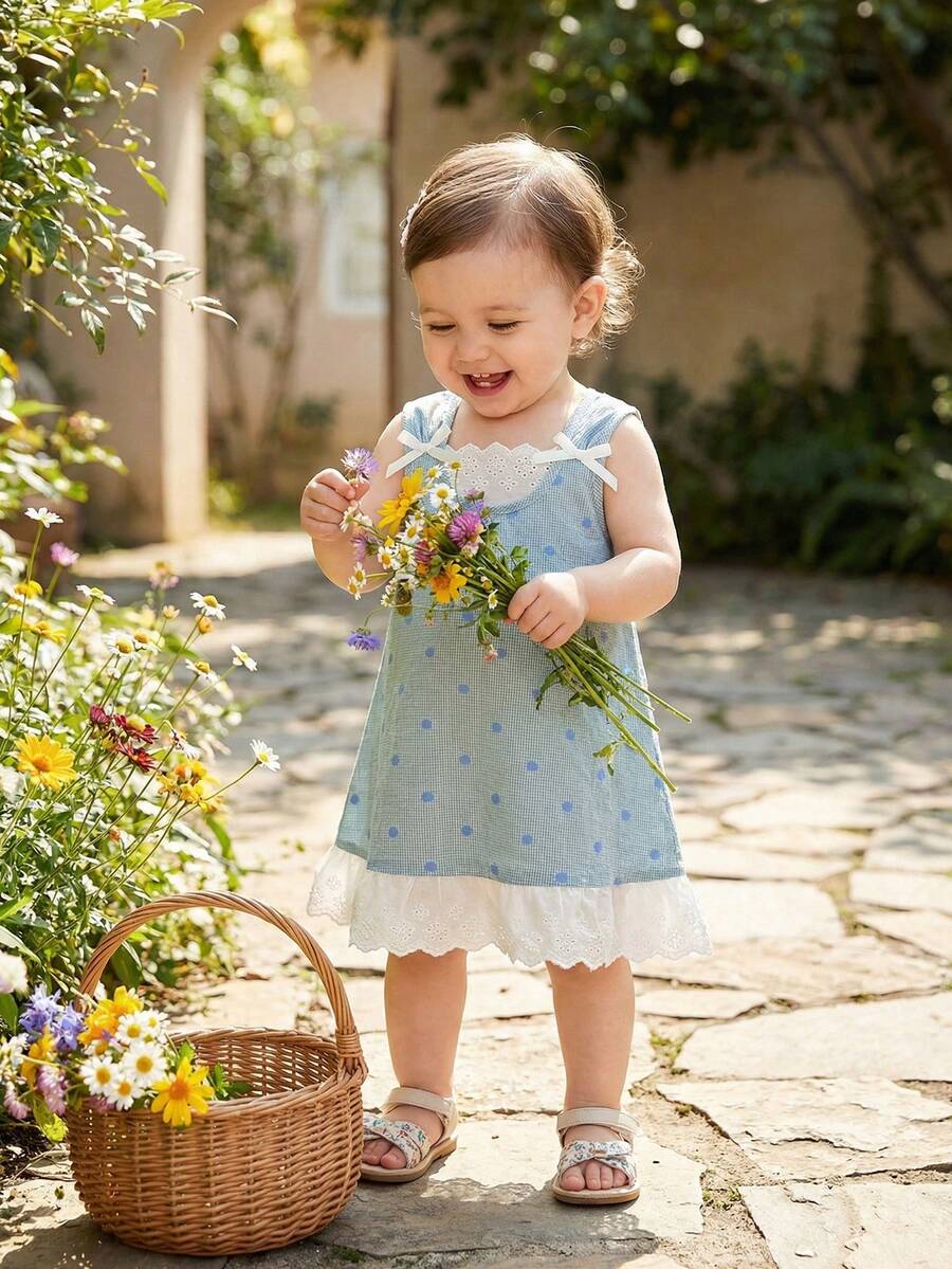 女婴休闲拼接格子波点提花蝴蝶结装饰荷叶边下摆可爱清新连衣裙 - 綠色 - 查看 1