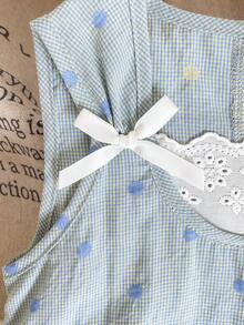 女婴休闲拼接格子波点提花蝴蝶结装饰荷叶边下摆可爱清新连衣裙 - 綠色 - 查看 6