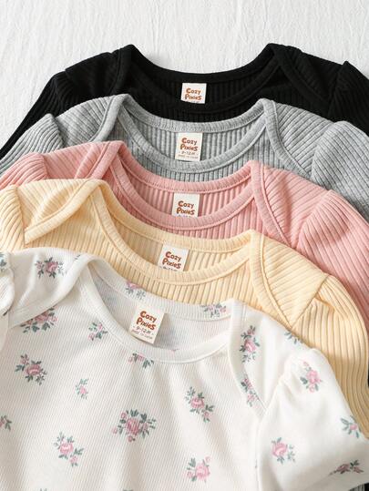 Cozy Pixies 5pcs/Set Newborn Baby Girl Cute Floral Polka Dot Cartoon Print Short Sleeve Romper, Summer