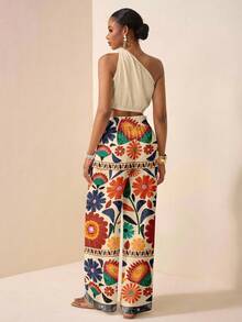 Zivah Casual Vacation Style Geometric Print Placement Pattern One Shoulder Twist Cutout Cropped Women's Top And Straight Loose Pants With Ruffle Hem Pockets, Women's 2 Pieces Set Suitable For Spring/Summer Vacation - Multicolor - View 2