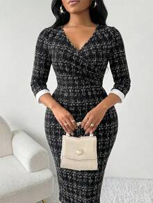 SHEIN Lady Women's Elegant Wrap Surplice Neckline Fitted Split Midi Dress - Multicolor - View 4