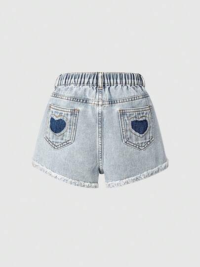 Tween Girls' Casual Denim Shorts With Heart Pocket Design, Fashionable Washed Jeans Shorts