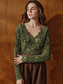 Anewsta 优雅不对称V领镂空蕾丝修身长袖针织T恤，女士秋冬款 - 綠色 - 查看 6