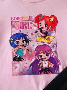 SHEIN 淡紫色，K-POP卡通女孩，可爱女婴休闲简约宽松圆领短袖T恤和喇叭裤两件套，适合秋季穿着，秋季穿搭，轻松舒适，秋冬叠穿，时尚童装，休闲服饰，儿童图案服装，秋季服装，时尚秋季，秋季新款2T女童T恤，女婴图案T恤，街头风女婴图案T恤，女婴服装，女婴夏季衬衫 - 玫紅色 - 查看 2