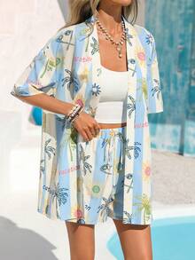 Vivid Eden Women's Vacation Summer Blue Leaf Print Kimono Shirt & Shorts 2 Pieces Beach Set - Multicolor - View 5