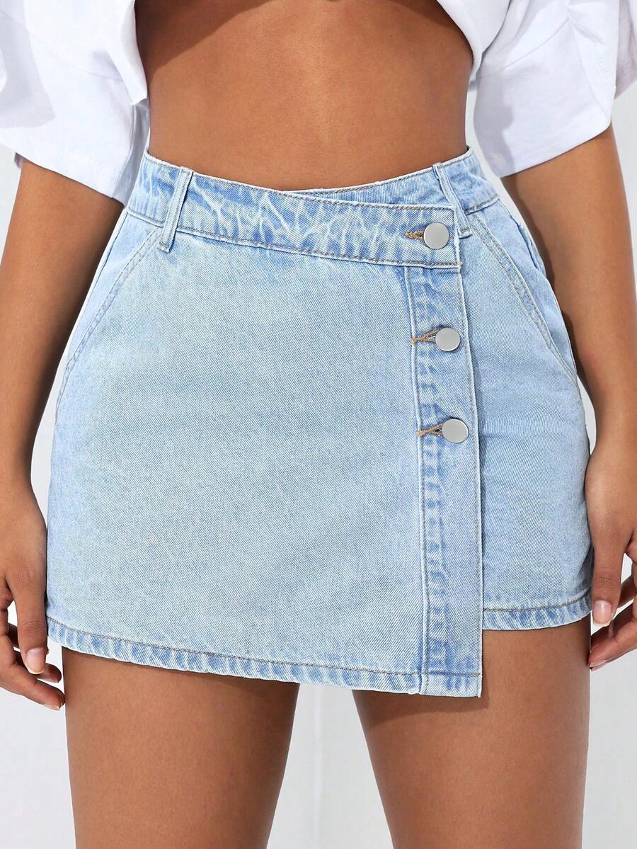 SHEIN ICON Plus Size Women's Light Blue Denim Skirt Pants, Fashionable And Sexy, Spring Outfits - Light Wash - View 1