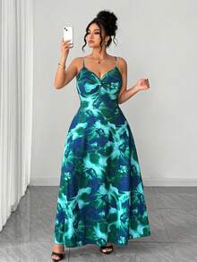 SHEIN Elenzya 大码女式扎染印花针织吊带连衣裙，扭腰设计，开衩下摆，优雅百搭，适合外出和通勤。 - 綠色 - 查看 5