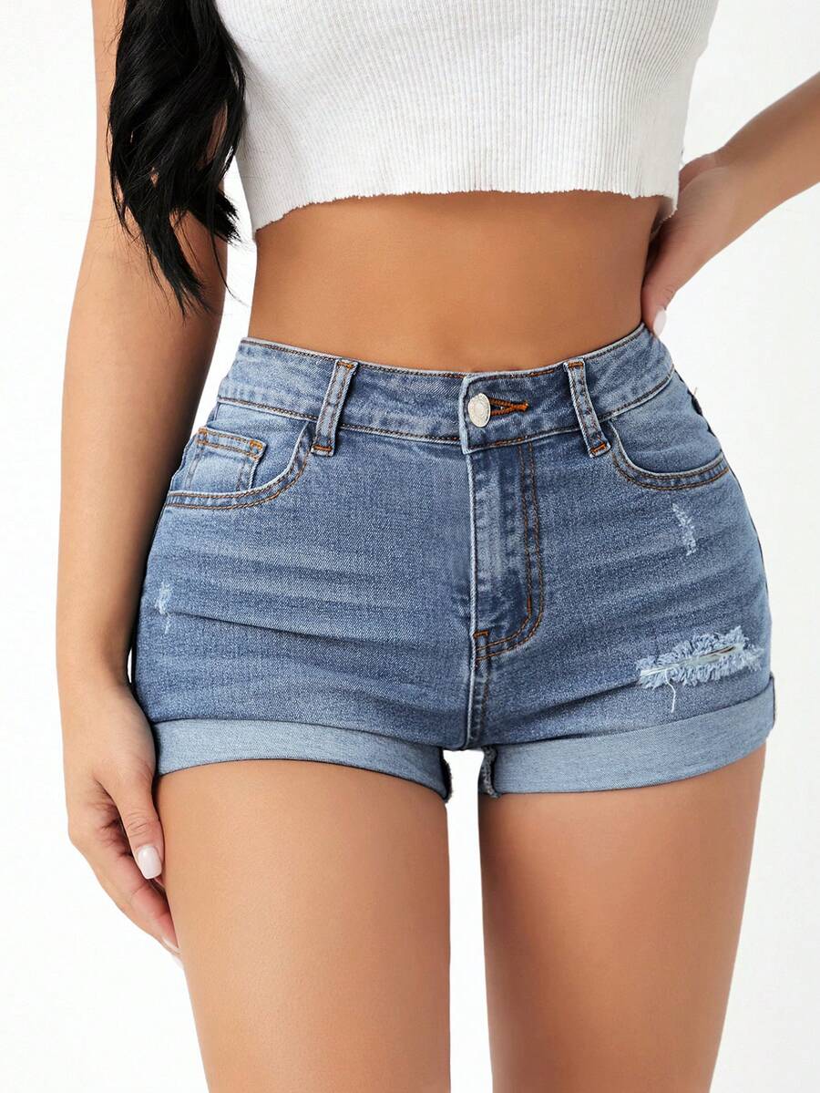 SHEIN PETITE Quần short denim nữ cạp cao, có túi, rách gấu, dáng ôm, phong cách thường ngày, đa năng. - Màu xanh lam - Xem 1