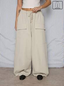 COUREZ Quần cargo ống rộng cạp thấp kiểu phồng/Phong cách Y2K mùa xuân cho nữ, thời trang đường phố, trang phục thường ngày đi chơi, quần ống rộng, trang phục dự tiệc, hẹn hò, ngày lễ tình nhân. - Màu be - Xem 7