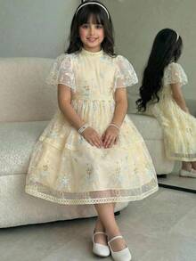 SHEIN Tween Girl Elegant Round Neck Ruffle Sleeve Lace Fabric Dress - Apricot - View 1