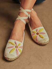 Rosivie 女士平底鞋，绳编鞋，撞色拼接花卉渔夫鞋，草编系带棉绳，波西米亚风度假沙滩日常编织一脚蹬休闲优雅时尚校园风 - 米色 - 查看 11
