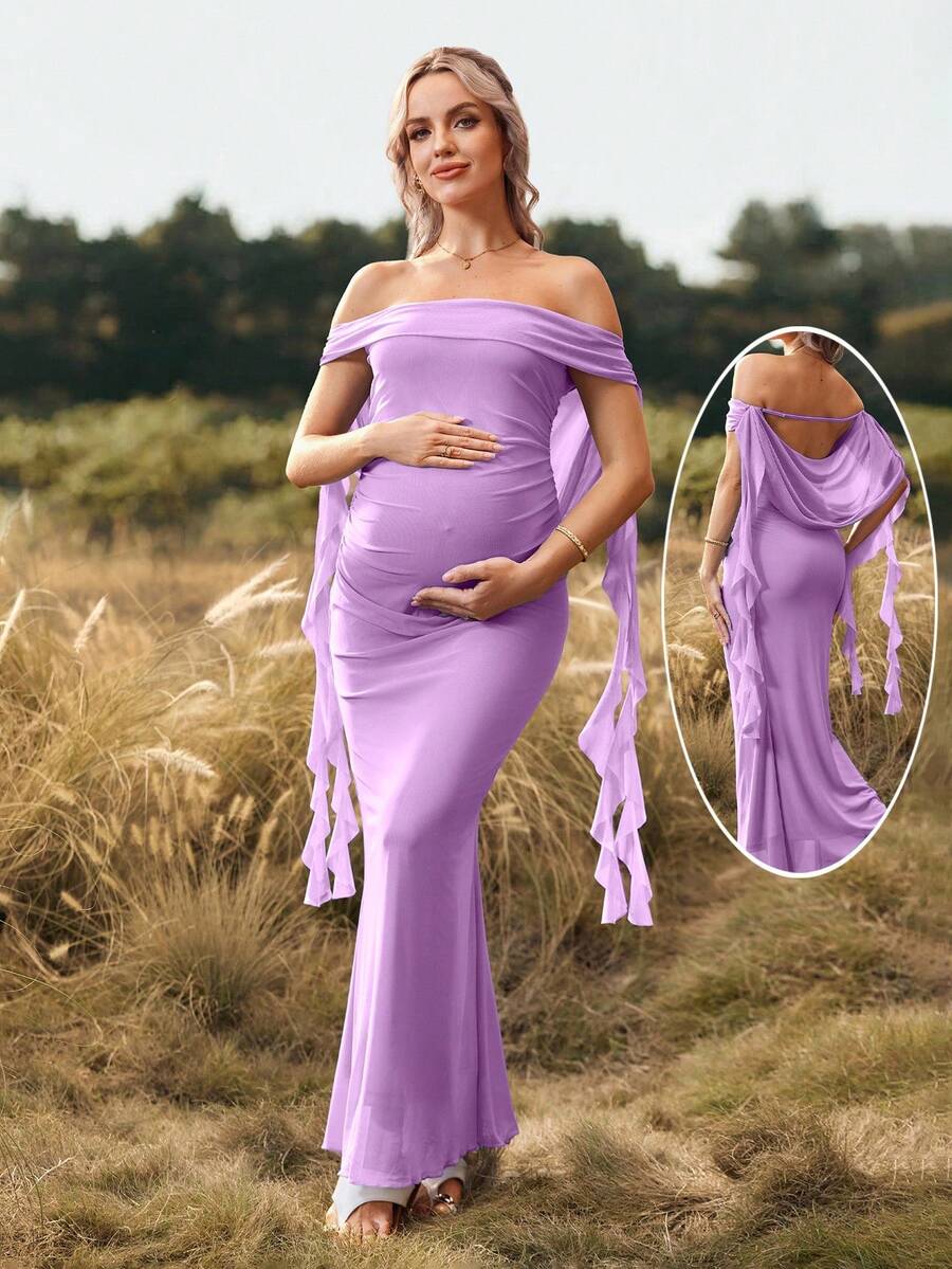 Cheriluna Maternity Đầm bầu maxi hở vai, màu trơn, thích hợp cho tiệc Giáng sinh, tiệc trang trọng, tiệc mừng em bé sắp chào đời. - Màu tím - Xem 1
