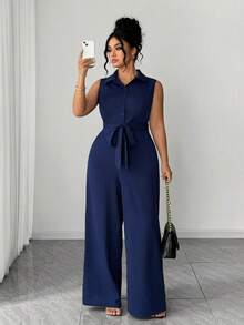 Elenzga Plus Size Women's Elegant Commuter Shirt Collar Short Sleeve Button Half-Open Cinched Waist Jumpsuit, Spring/Summer - Navy Blue - View 1