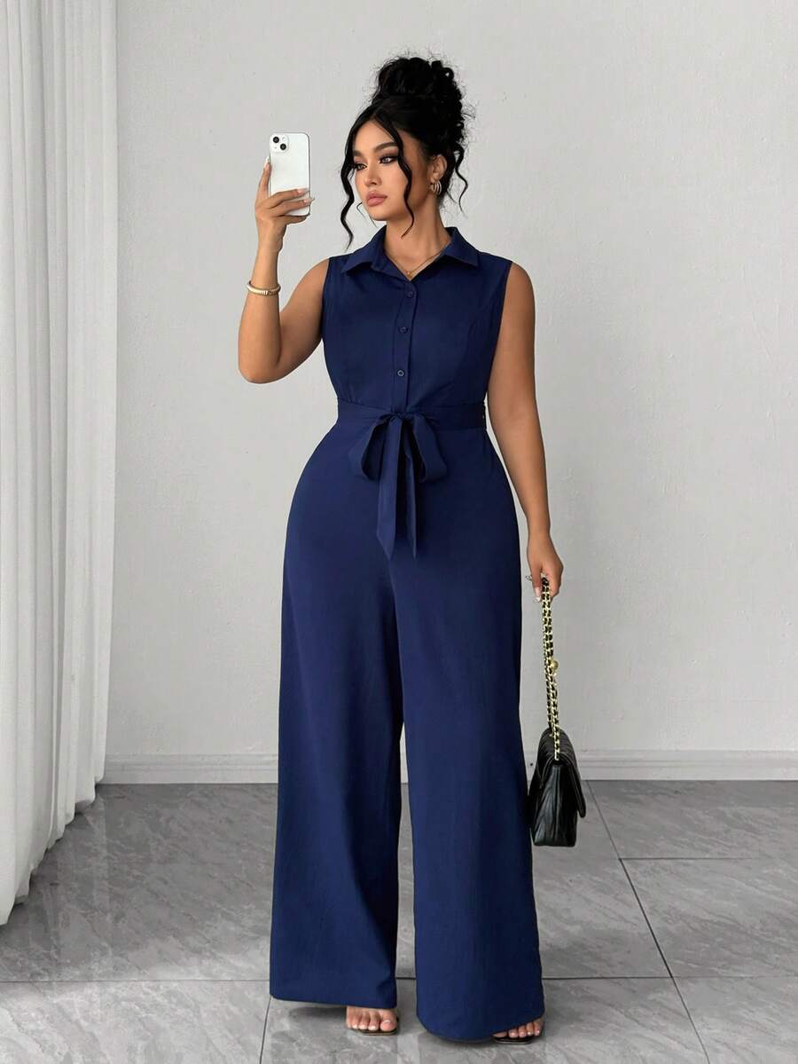 Elenzga Plus Size Women's Elegant Commuter Shirt Collar Short Sleeve Button Half-Open Cinched Waist Jumpsuit, Spring/Summer - Navy Blue - View 1