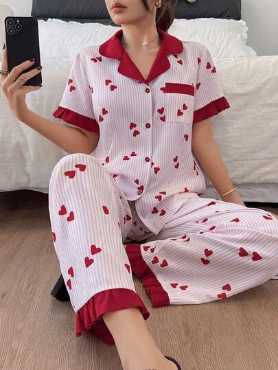 SHEIN 撞色领荷叶边爱心条纹短袖上衣和裤子女士睡衣套装