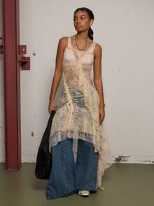 COUREZ 不对称蕾丝吊带长裙 / Y2K 冬季女装外出穿搭黑色连衣裙女式派对礼服圣诞节新年性感优雅 - 奶油色 - 查看 2