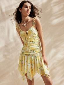 Easelle Đầm ngắn ôm sát người trễ vai, thắt nơ phía trước, in hoa dành cho nữ, thích hợp cho kỳ nghỉ. - Cà phê nâu - Xem 5