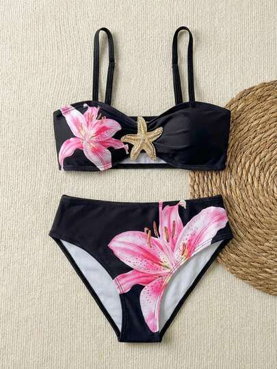 SHEIN Tween Girls Bikini Sets, Black Base With Large Red Flower & Starfish Print, 2 Pieces Swimsuit, Fashionable, Elegant, Suitable For Swimming, Vacation, Summer Flower Swimsuit Swimsuits For Teen Girls Flower High Waist Swimsuit Set Flower Bikini Black Hibiscus Swimsuit Girls Black With Pink Flower Swimsuit Bikini Set Black And Pink Flower Summer Bathing Suits Bathing Suit Sets Girls Swim Two Piece 2pcs Tween Girls Printed Swimwear Tween Girl 2 Piece Swim Bikini For Kids Bikini For Tweens Black With Pink Floral Swimsuit Girls Black Floral Bikini