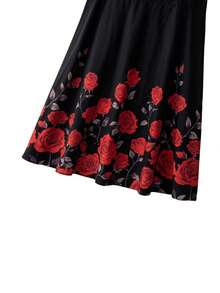GlowEve CURVE Falda acampanada con estampado floral de rosa para mujer de talla grande, falda elegante y retro para uso diario, de vacaciones o fiestas, de color rojo chino, ideal para el Día de San Valentín - Negro - Ver 4