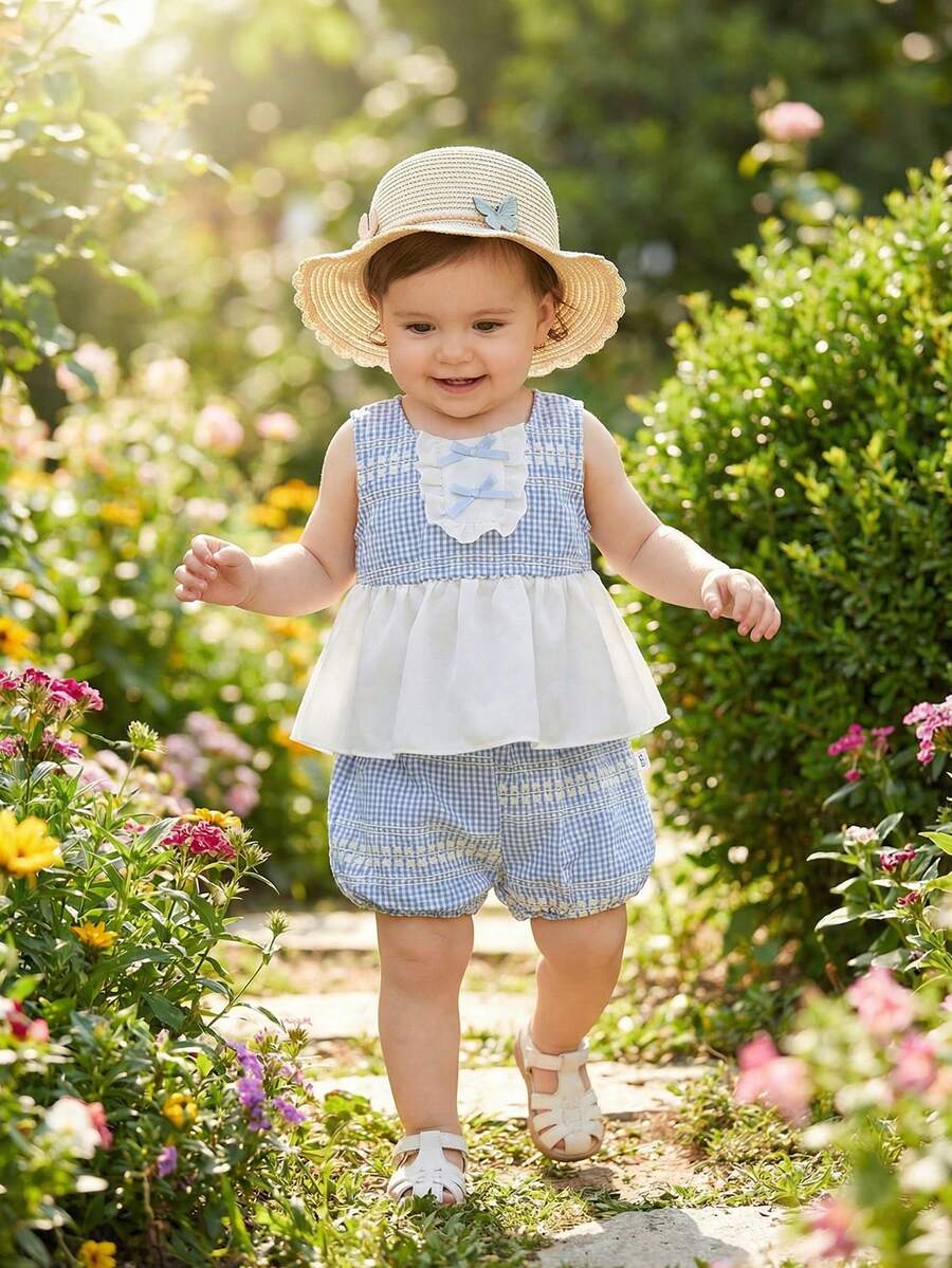 2件套婴儿/女婴甜美格子拼接无袖上衣，带蝴蝶结装饰和荷叶边短裤套装 - 藍白色 - 查看 1