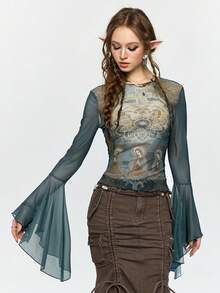 ROMWE Fairycore 仙女、圣母玛利亚、莲花和十字架印花修身喇叭袖薄纱女式上衣 - 彩色 - 查看 7