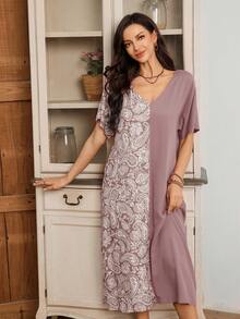SHEIN Women's Casual Cashew Print Patchwork Solid V-Neck Short Sleeve Nightgown - Coral Pink - View 1