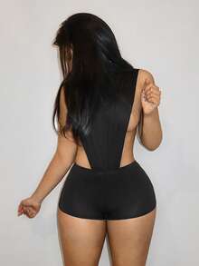 Slaydiva New Early Spring, Spring And Summer Music Festival, Valentine's Day, Casual And Simple Basic Style, Y2K, Street Sweet, Internet Sensation , Daily Date, Hot Girl Style, Sexy See-Through Round Neck, Tight Side Seam, Large Cutout, Tight Jumpsuit - Black - View 6