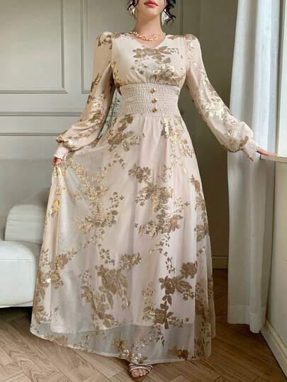 DAZY 亮片花卉图案麻花腰部V领泡泡袖优雅长款派对连衣裙，适合女士，春夏款