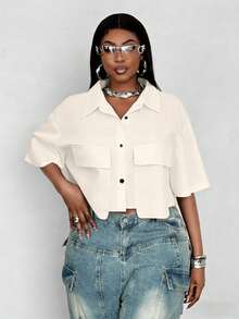 Maweii Plus Size Women Solid Color Short Pocket Front Shirt - Apricot - View 5