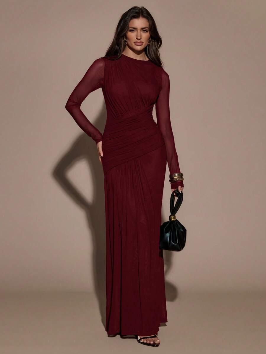 SHEIN BAE 女士纯色网纱拼接修身优雅长袖连衣裙 - 酒紅色 - 查看 1