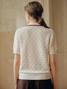 Anewsta Elegant French Spring/Summer -Inspired Textured Business Casual 3D Crochet Hollow Gold Button Ivory Knit Top - Beige - View 2