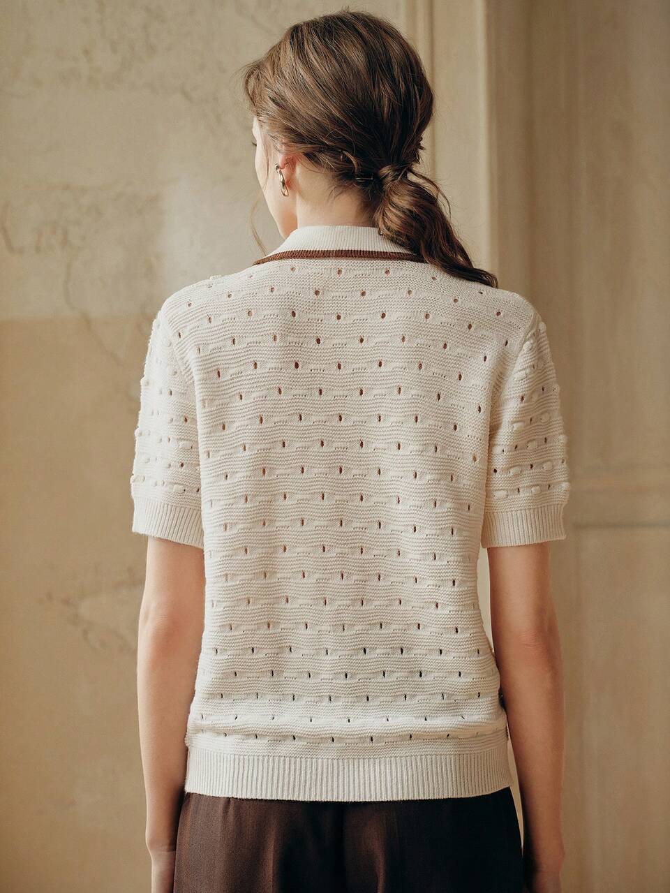 Elegant French Summer Knit Top For Women,Shades Of Brown Business Casual Textured 3D Crochet Hollow Gold Button Ivory Eyelet Blouse For Work